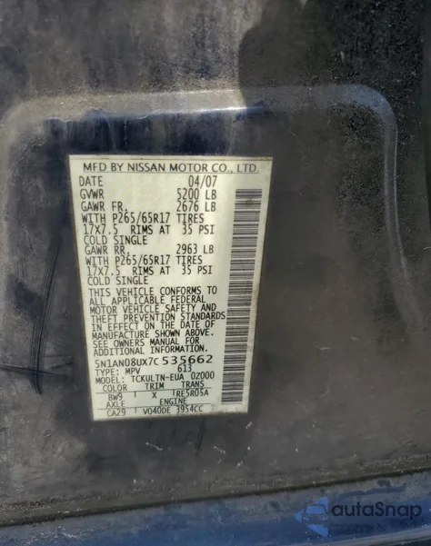 2007 Nissan Xterra Off Road z USA, uszkodzony, nr VIN 5N1AN08UX7C535662